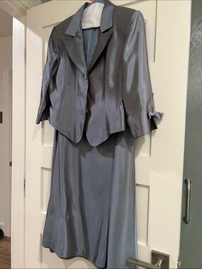 JS Collections Shimmery Slate Gray Satin Two-Piece Maxi Skirt Suit